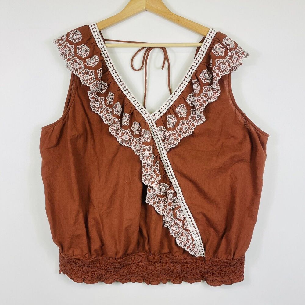 Broadway 38 Top Womens 3X Brown White Embroidered Lace Boho Earthy Forestcore
